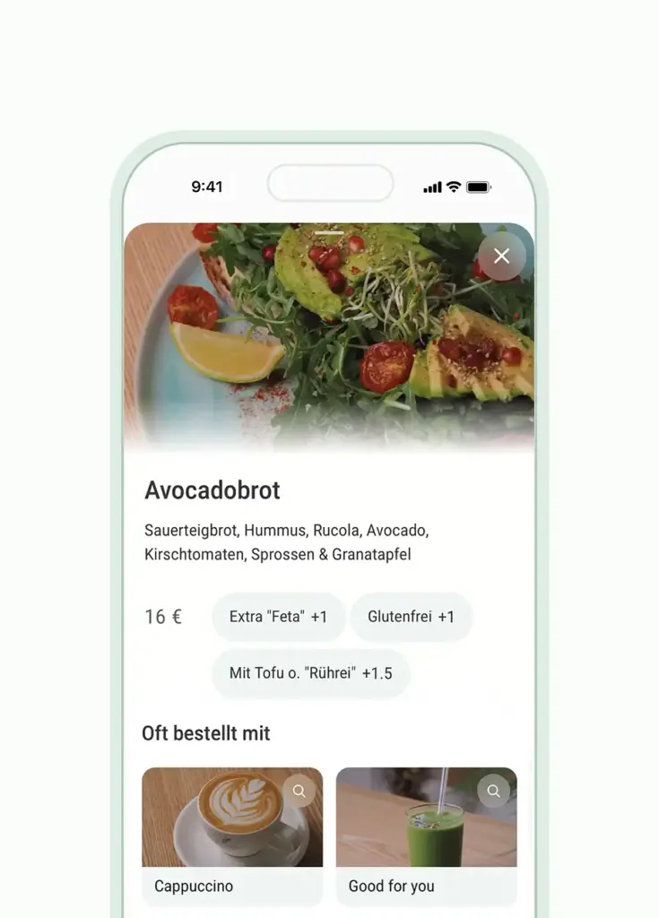 Good One Café Startseite auf dem iPhone – veganes Café mit Menüseite und detaillierten Artikel-Information en