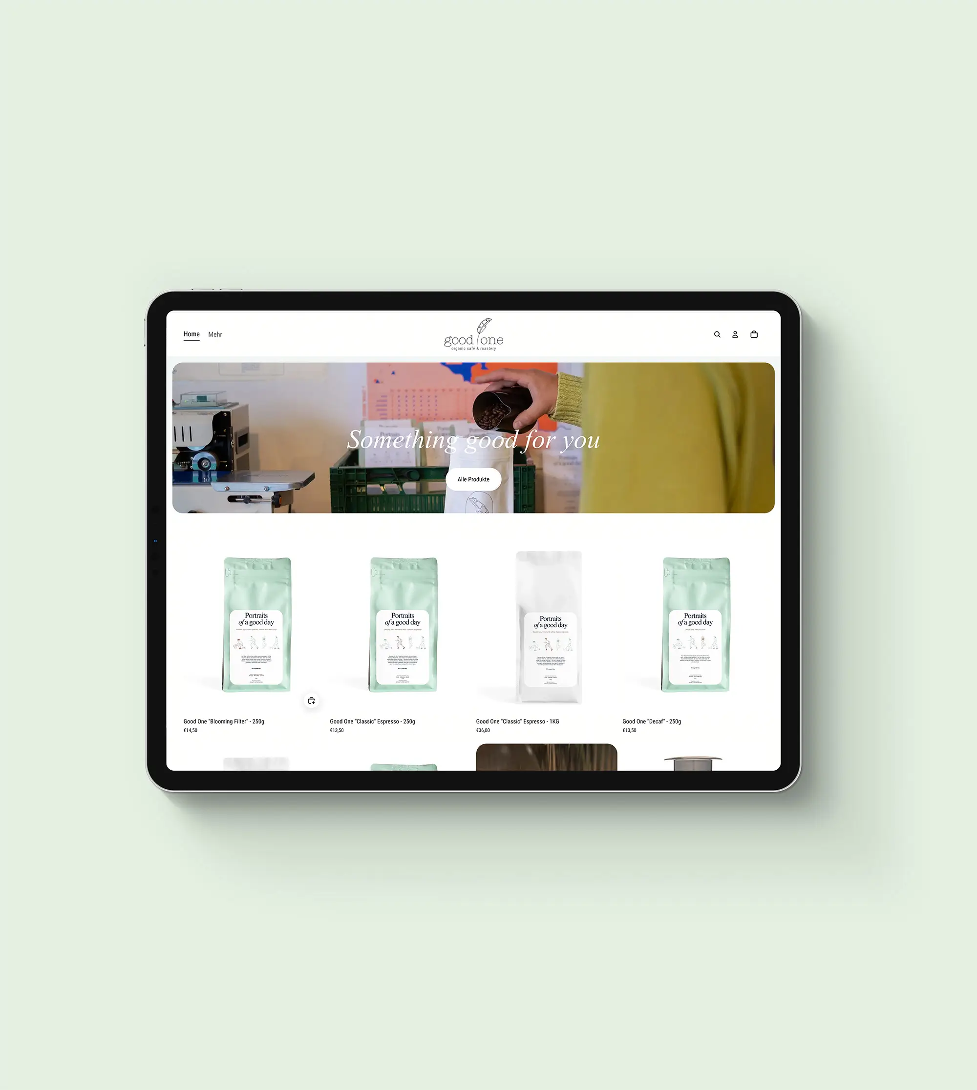 Shopify-Shop – Produktübersicht mit Kaffeesorten der hauseigenen Rösterei, nahtlos ins Website-Design integriert