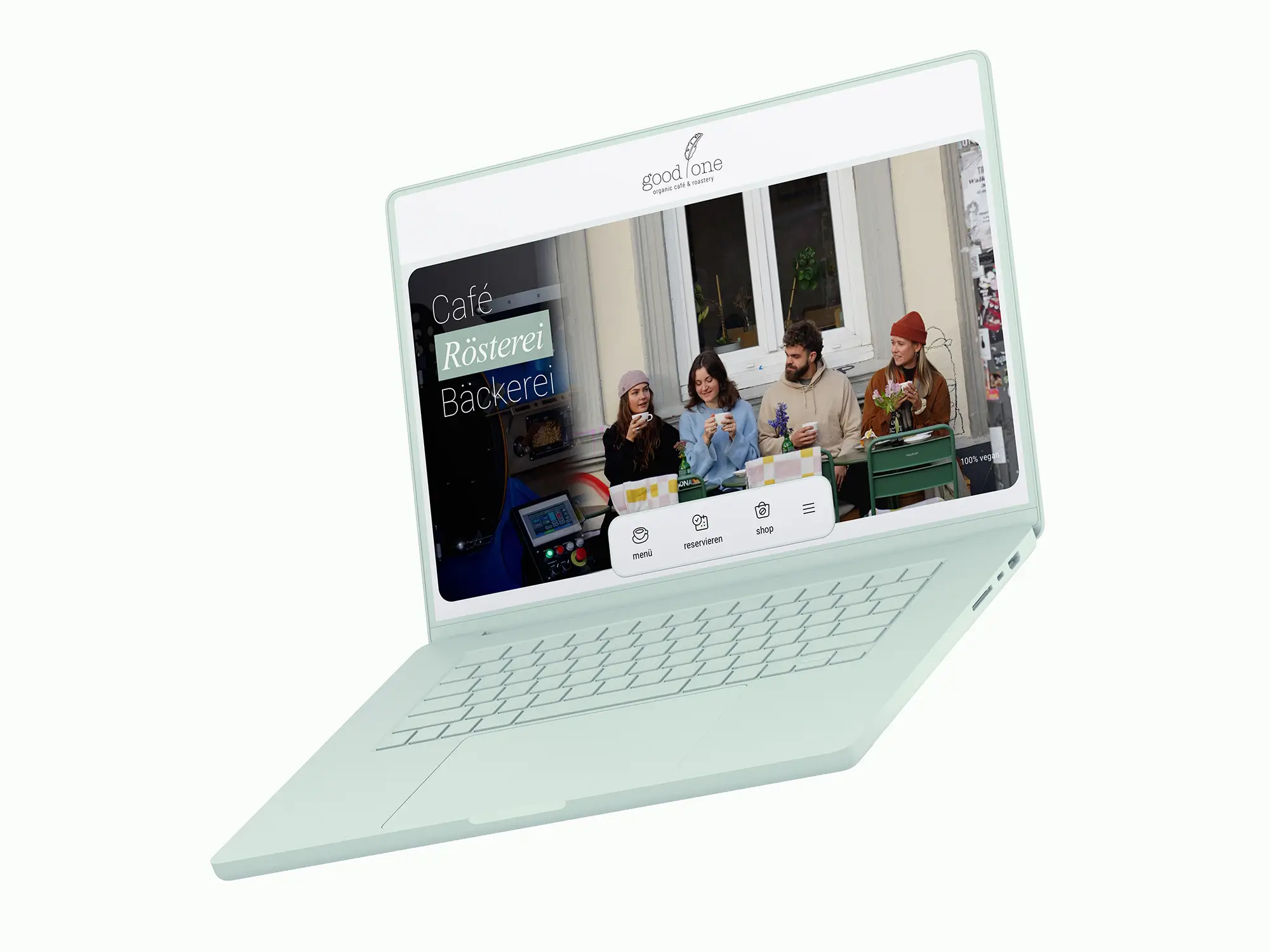 Hero-Bereich mit Café, Rösterei und Bäckerei sowie Navigation zu Menü, Reservierung und Shop