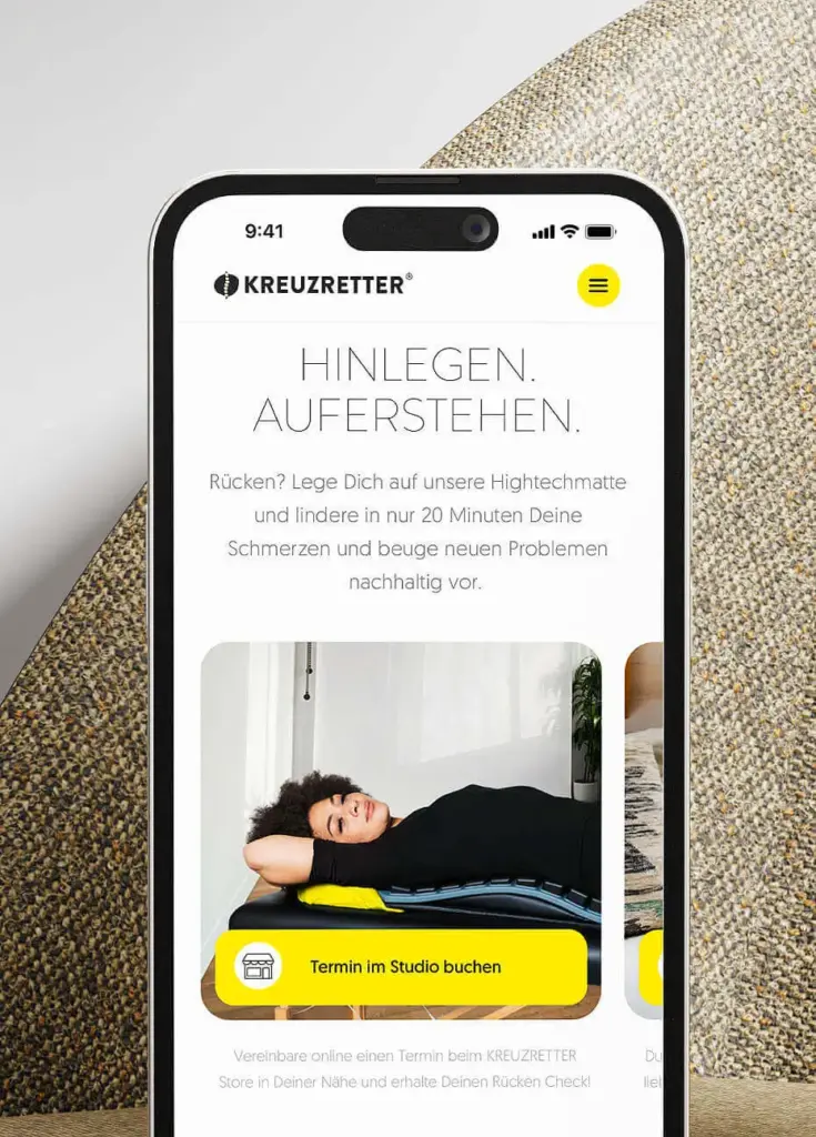 Kreuzretter Startseite – klare Nutzeransprache mit direktem Einstieg zur Terminbuchung im nächsten Studio