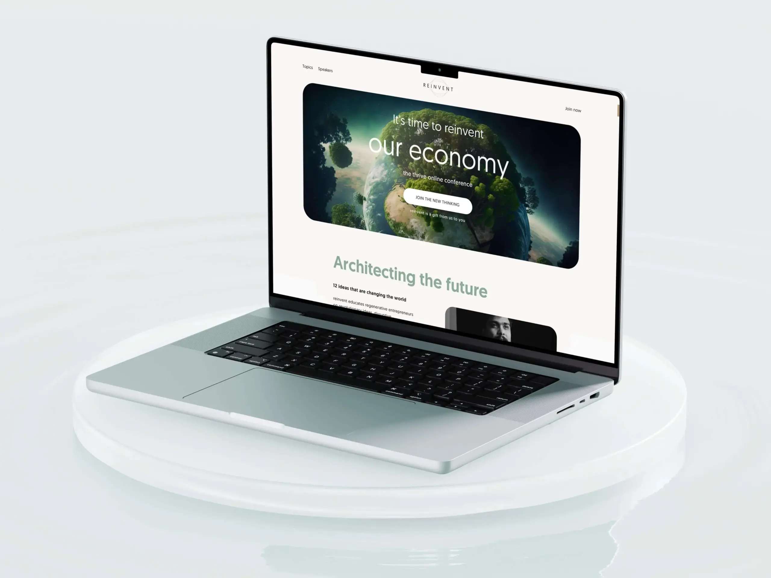 Thrive Reinvent Landingpage – immersiver Hero-Bereich mit direktem Call-to-Action zur Konferenz-Anmeldung