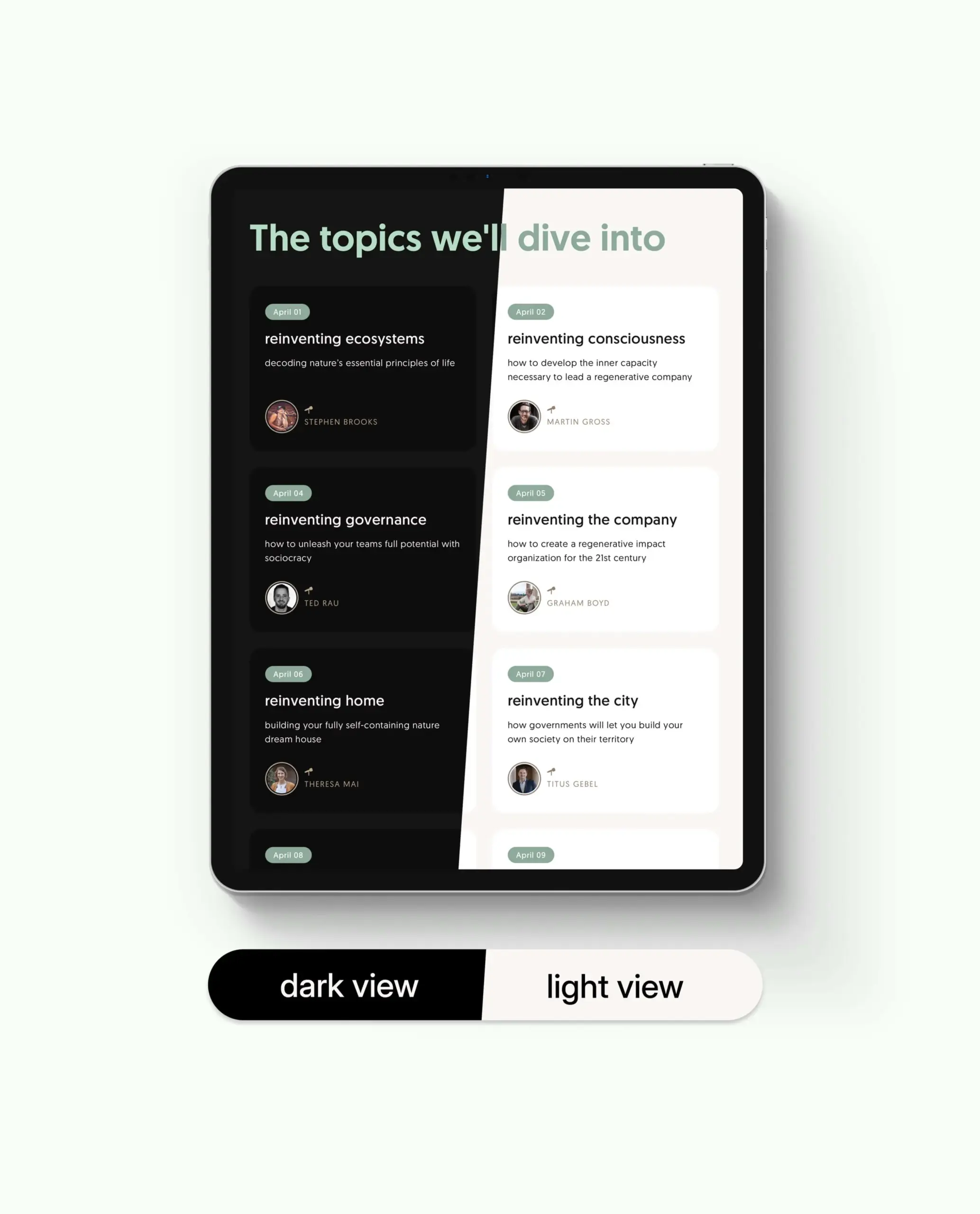 Themenübersicht – alle Sessions und Speaker auf einen Blick mit umschaltbarem Dark und Light Mode