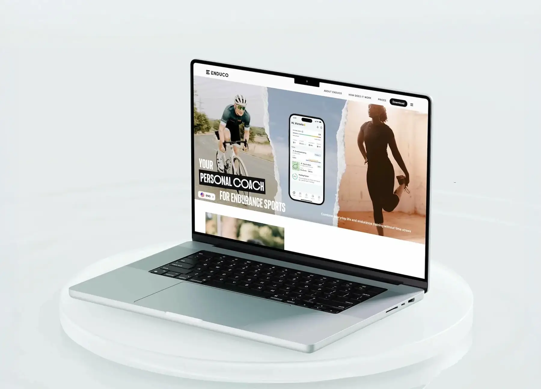 Enduco Startseite – energetischer Hero-Bereich mit App-Vorschau und direktem Download-CTA