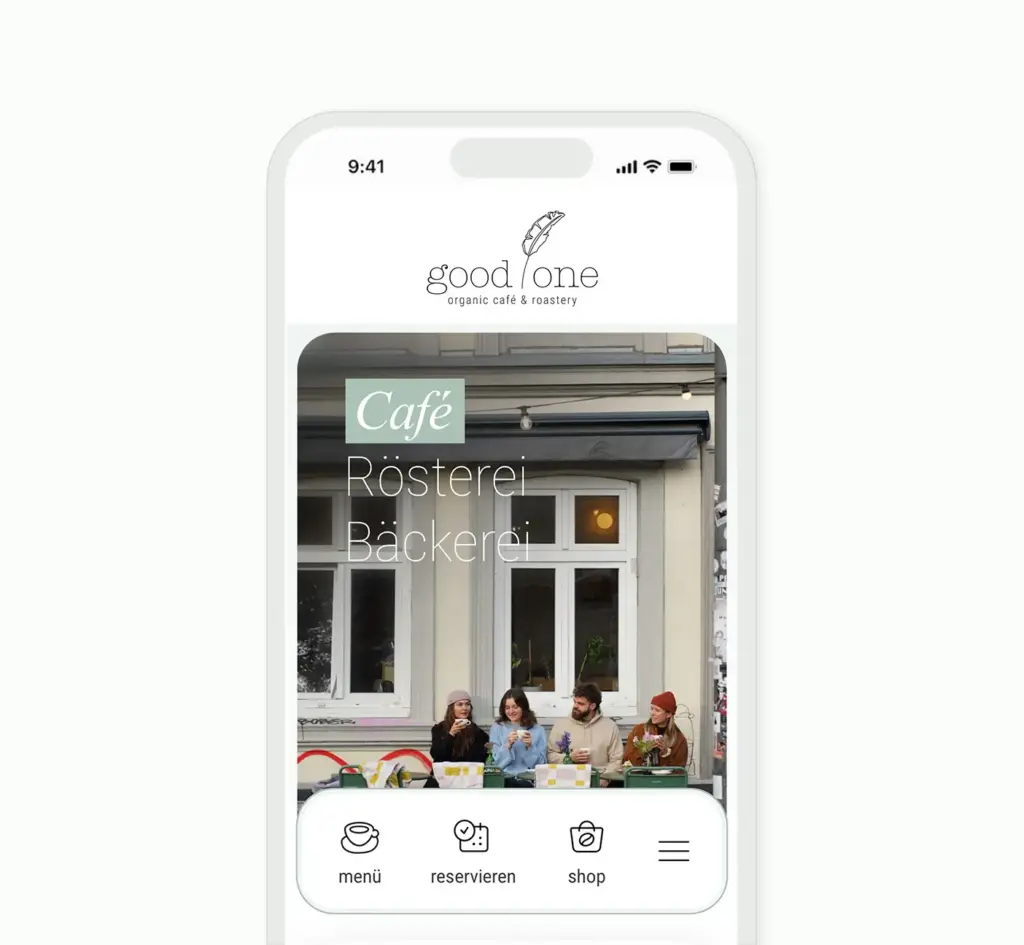 Good One Café in der mobilen Ansicht – Hero-Bereich mit Café, Rösterei und Bäckerei sowie Navigation zu Menü, Reservierung und Shop