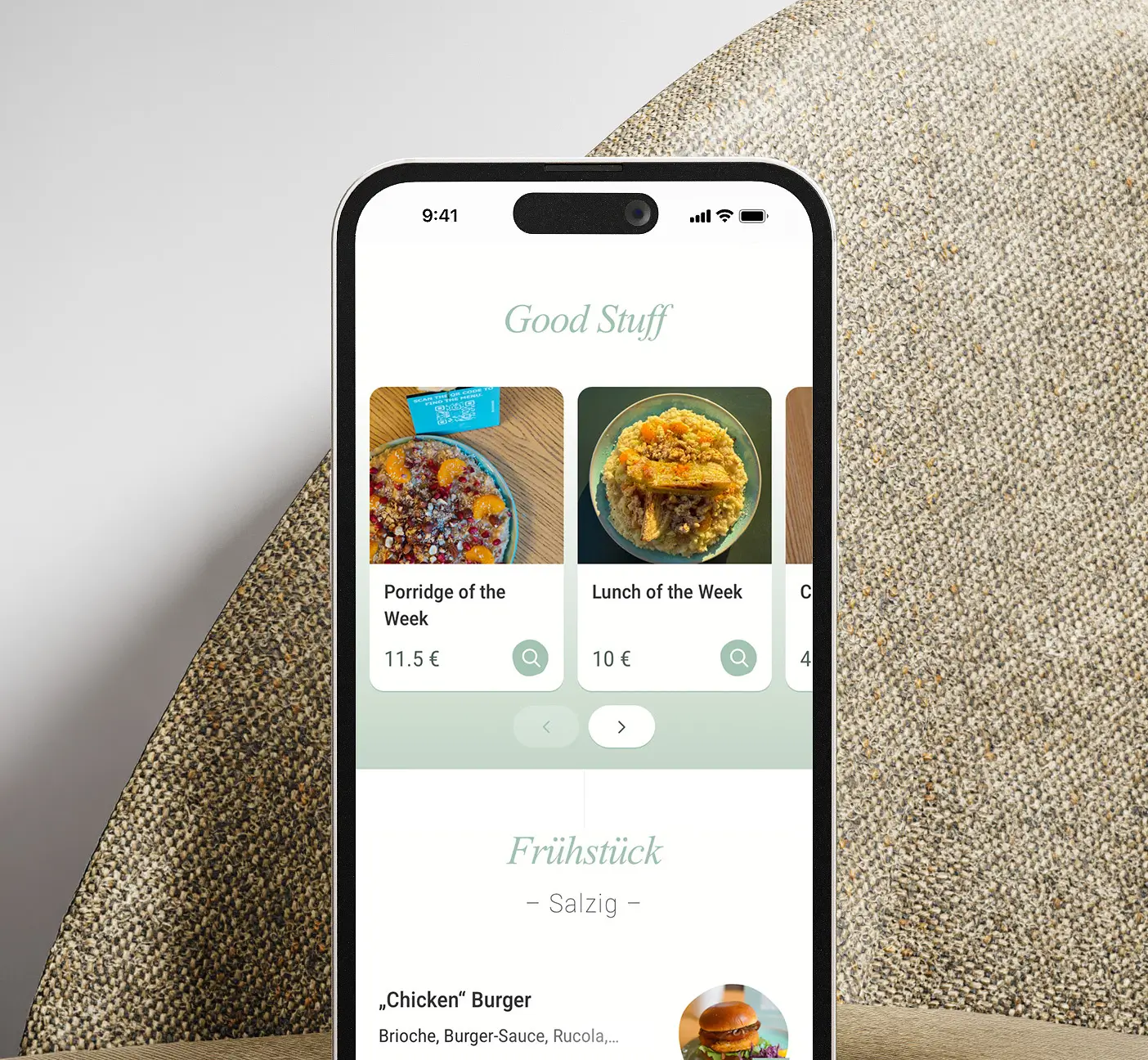 Good One Café Menü-Seite auf dem iPhone – Wochengerichte im Slider und Frühstückskarte mit Extras auf einen Blick