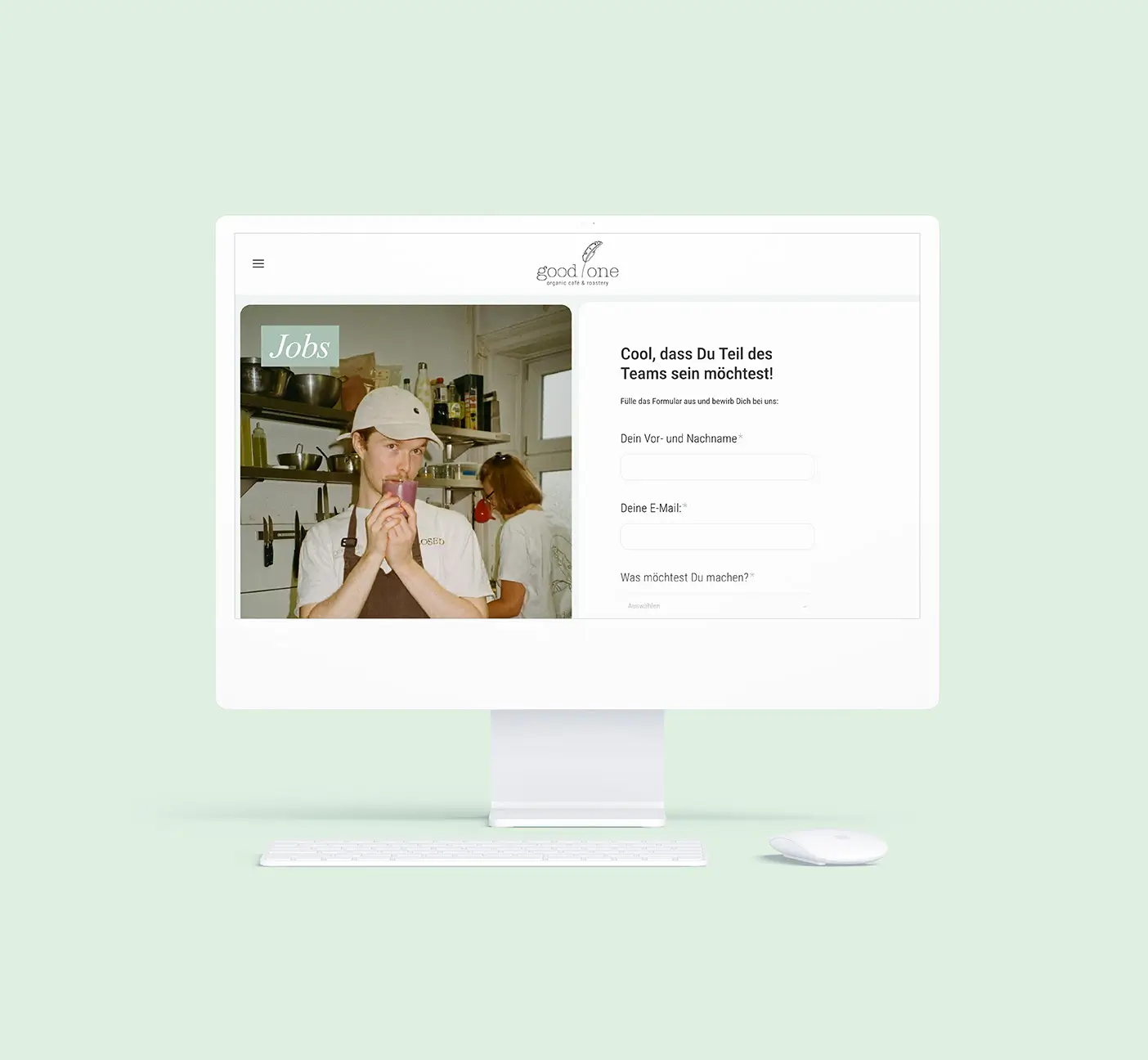 Good One Café Jobs-Seite – Teamfoto-Slider und Bewerbungsformular mit dynamischer Feldlogik