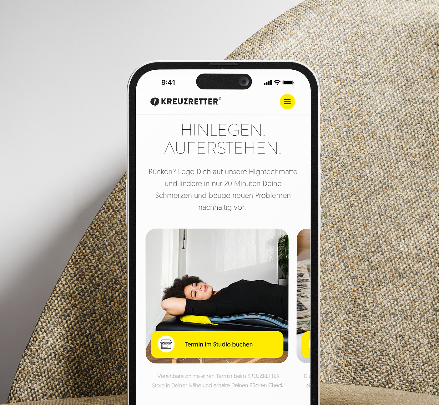 Kreuzretter Startseite – klare Nutzeransprache mit direktem Einstieg zur Terminbuchung im nächsten Studio