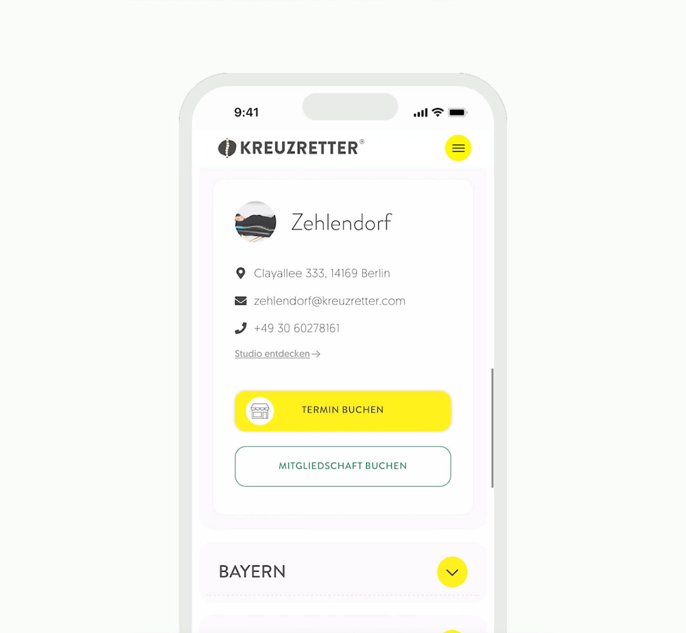 Kreuzretter Standortdetail – alle relevanten Infos auf einen Blick mit direkter Termin- und Mitgliedschaftsbuchung
