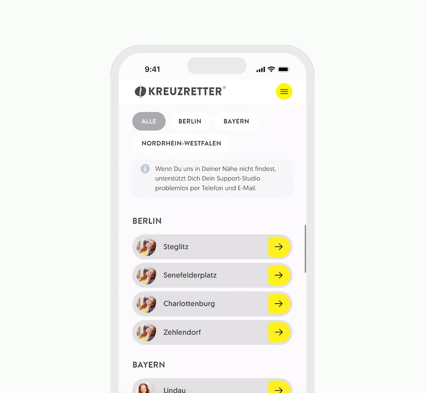Kreuzretter Standortübersicht – Studios nach Region filtern und mit einem Klick den passenden Standort finden