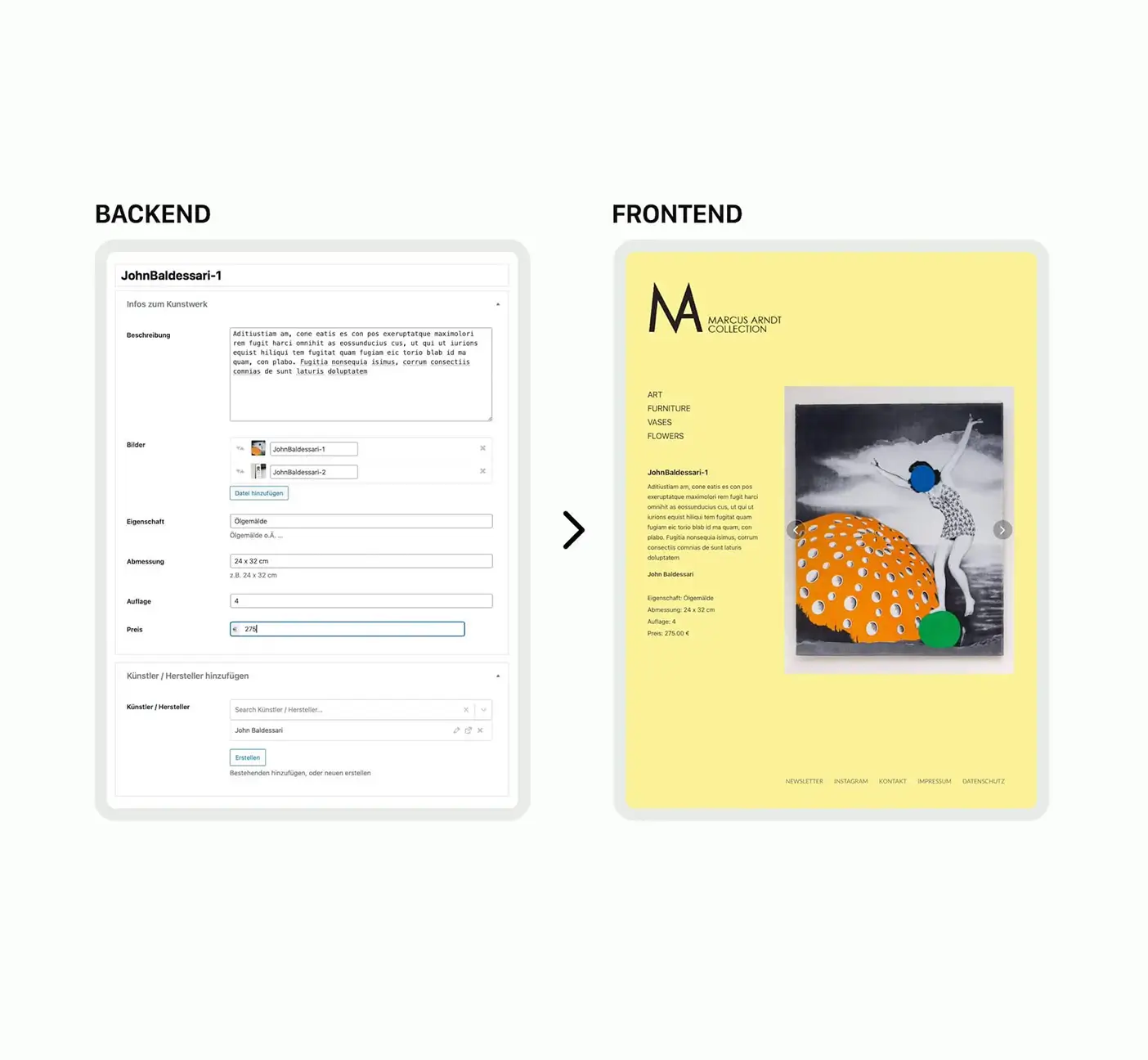 CMS im Einsatz – Kunstwerk im Backend mit Beschreibung, Bildern und Preis anlegen und direkt im Frontend anzeigen